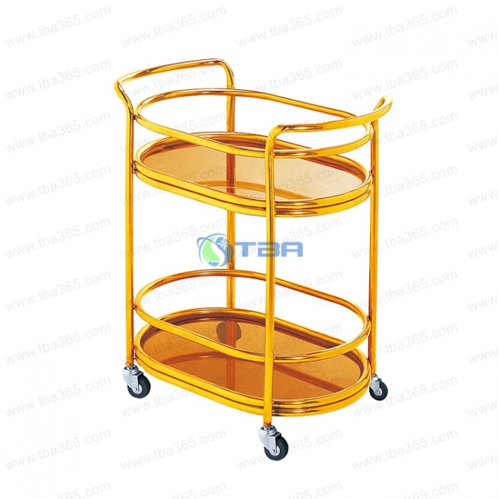 Kệ 2 tầng đẩy rượu hình oval mạ vàng phục vụ trong Nhà hàng