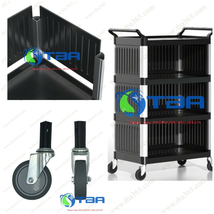 Xe đẩy phục vụ đồ ăn 04 tầng có vách nhựa chống bụi