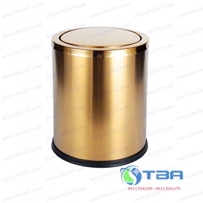 Thùng rác tròn inox mạ vàng nắp bập bênh cho nhà hàng