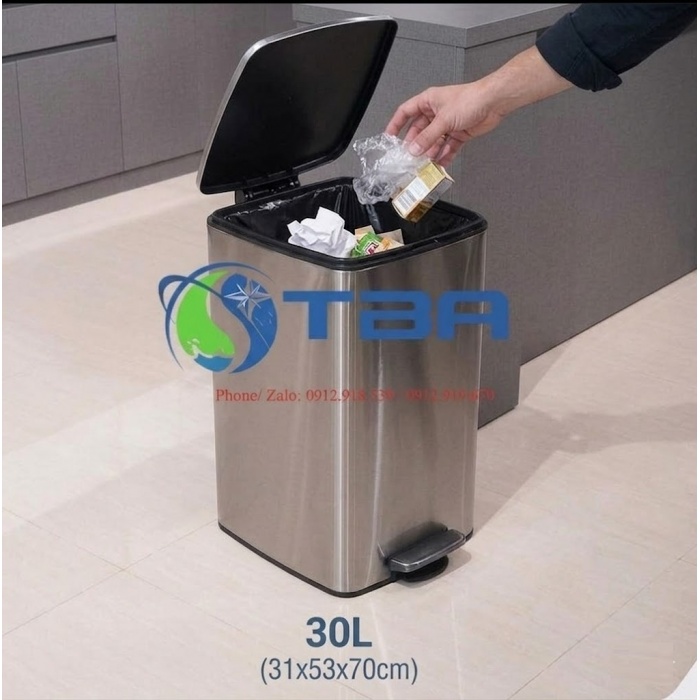 Thùng rác inox văn phòng cỡ lớn 30L đạp chân kiểu vuông