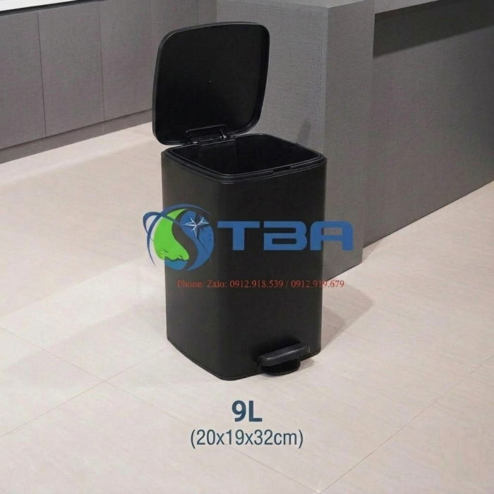Thùng rác 9L Vuông đạp chân inox màu đen cho Văn Phòng